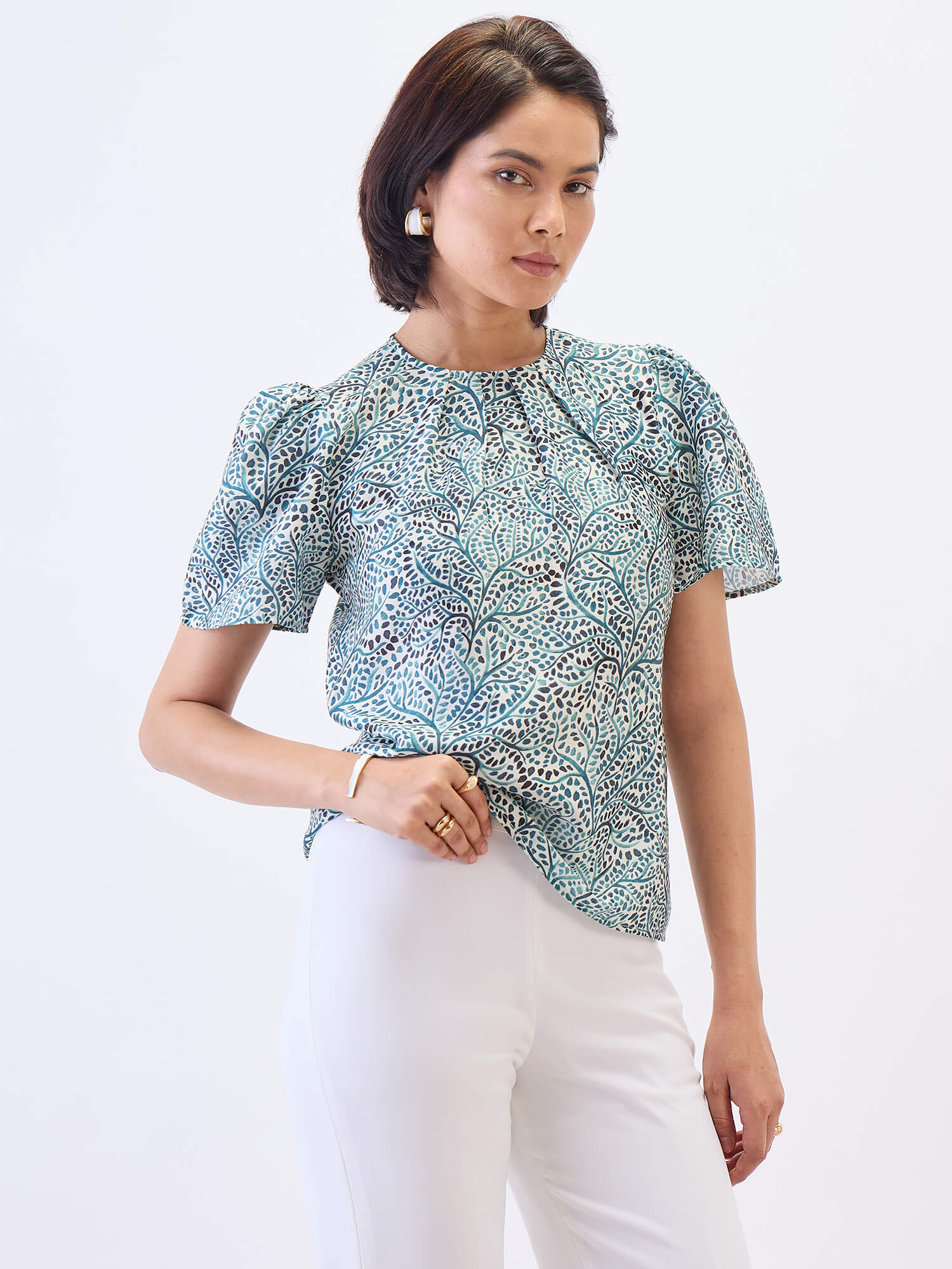 Ravine Pleated Neck Top-Multi