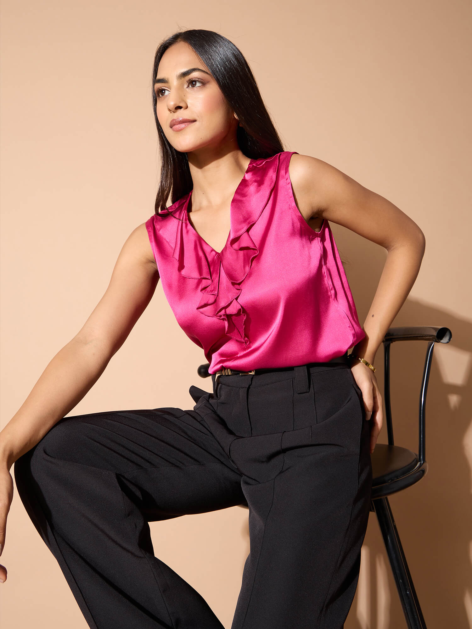 Jeyna Ruffle Neck Top-Hot Pink