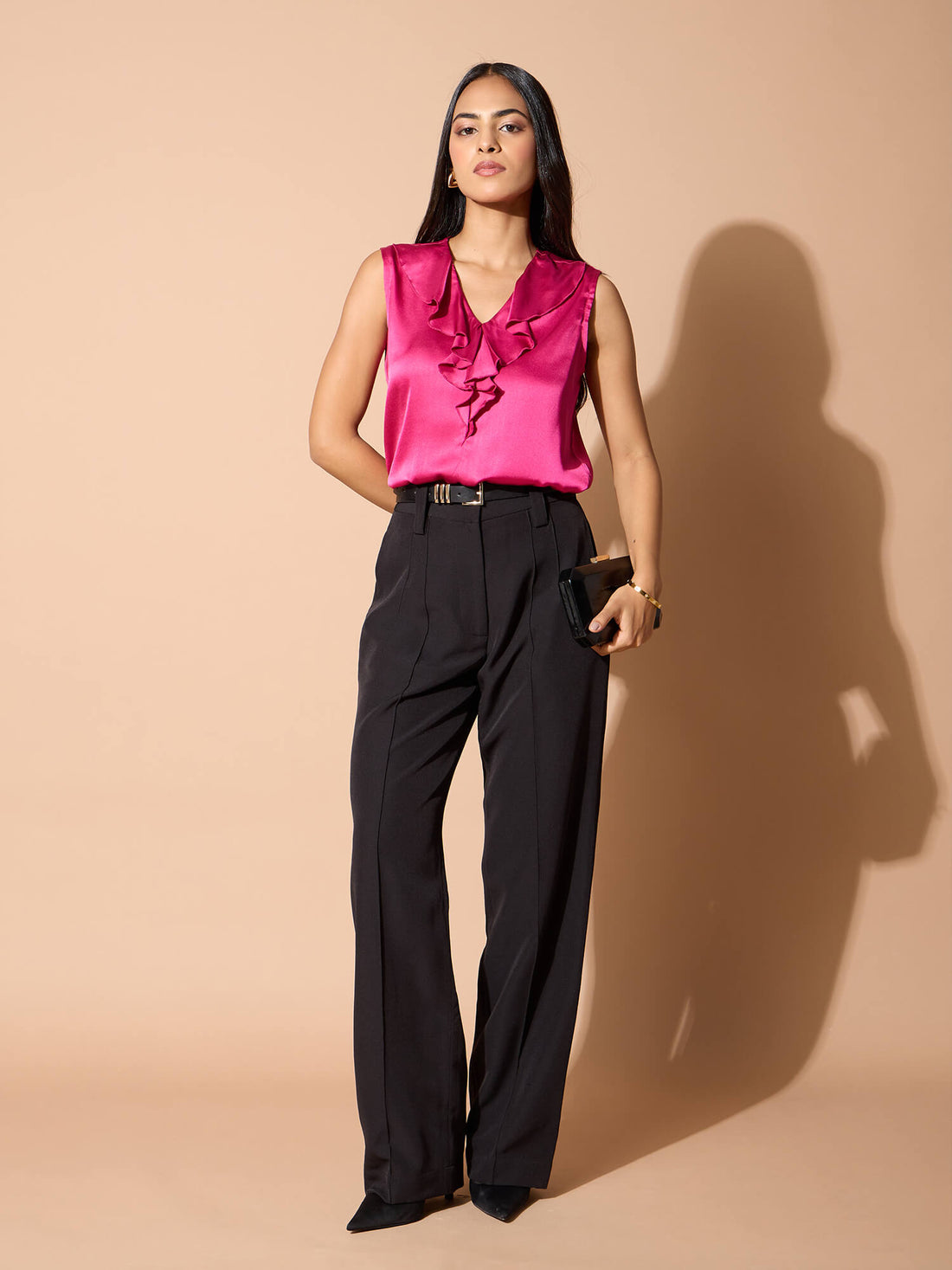 Jeyna Ruffle Neck Top-Hot Pink