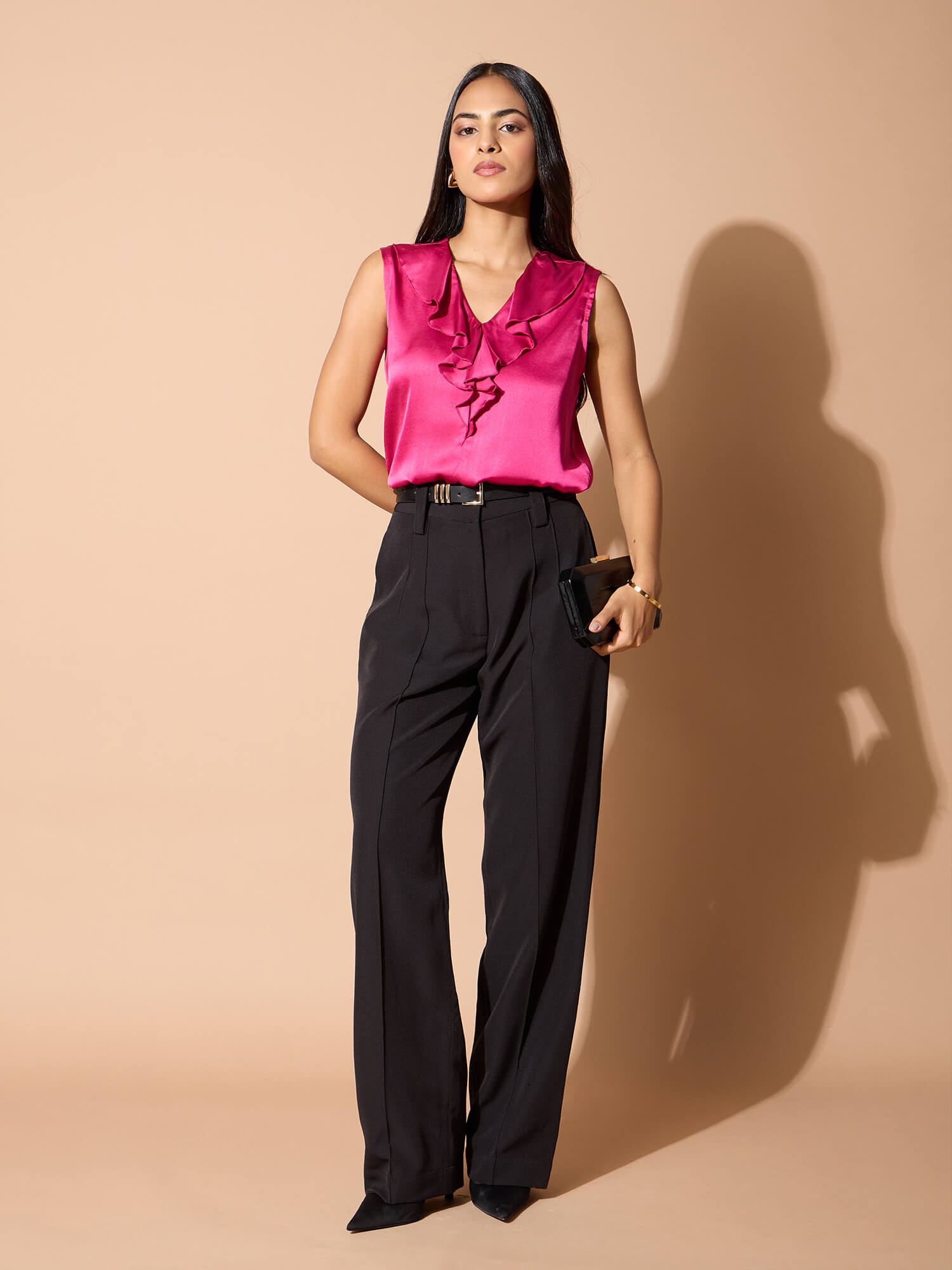 Jeyna Ruffle Neck Top-Hot Pink