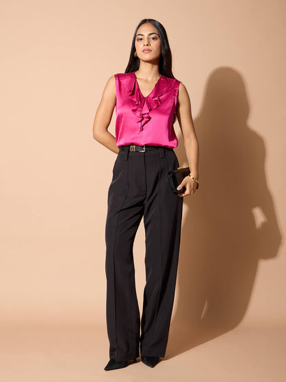 Jeyna Ruffle Neck Top-Hot Pink