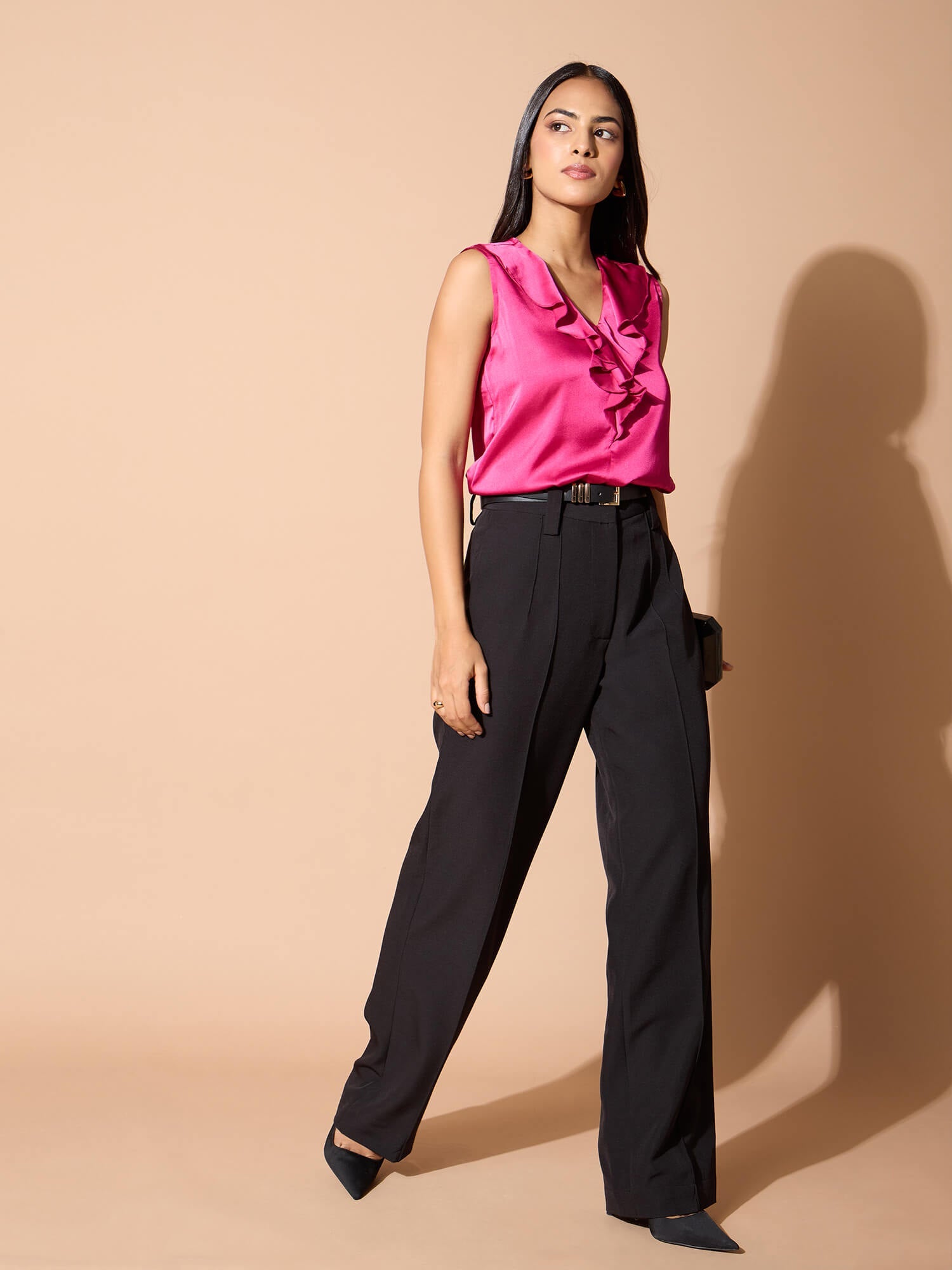 Jeyna Ruffle Neck Top-Hot Pink