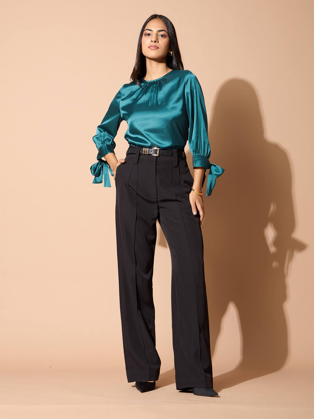 Mirael Tie up Sleeve Top-Teal