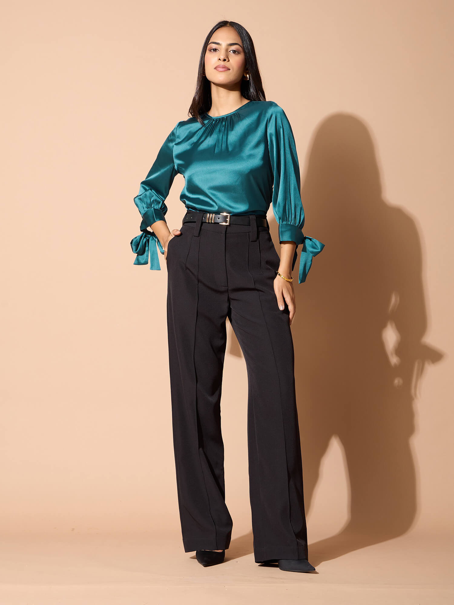 Mirael Tie up Sleeve Top-Teal