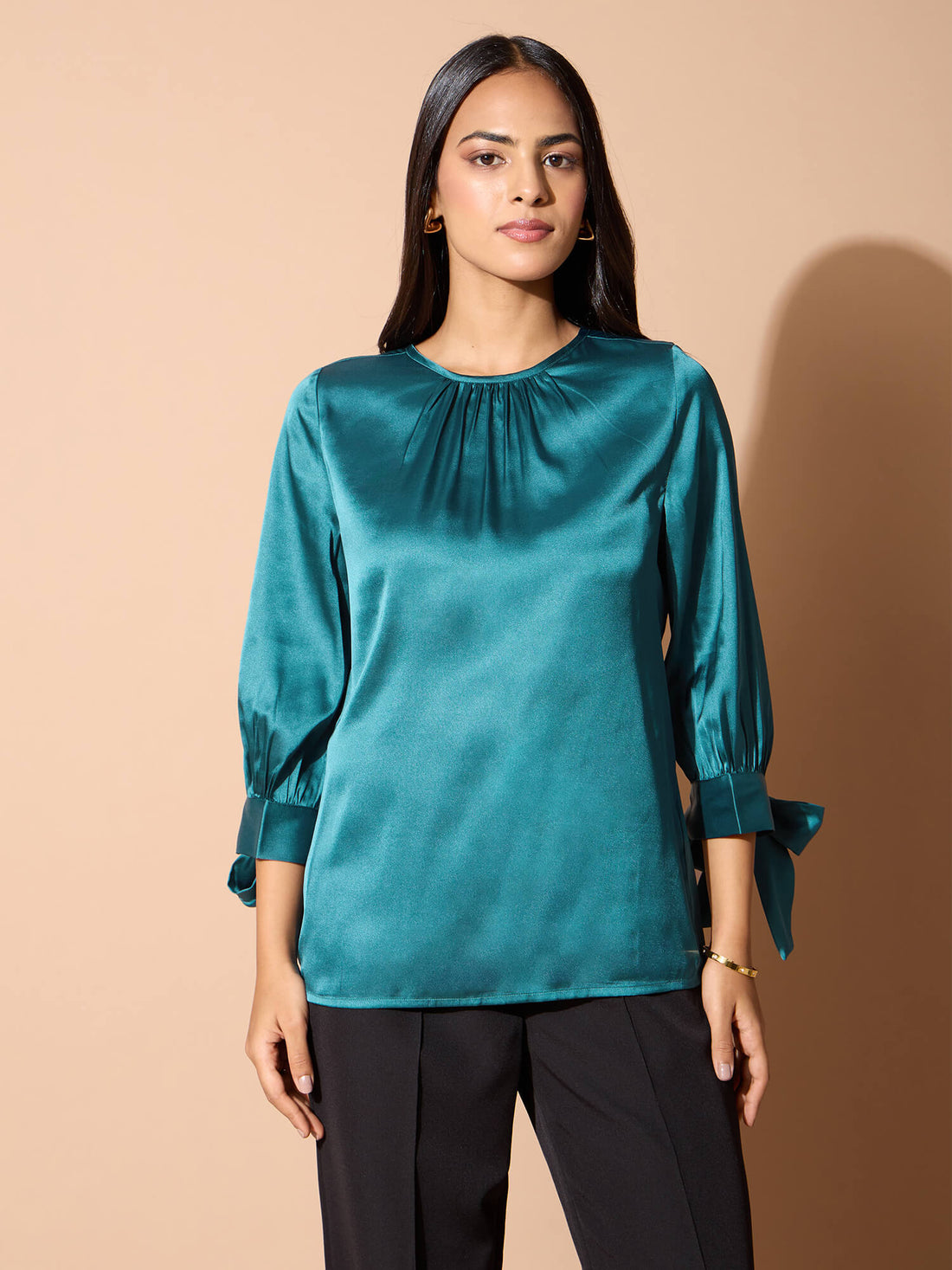 Mirael Tie up Sleeve Top-Teal