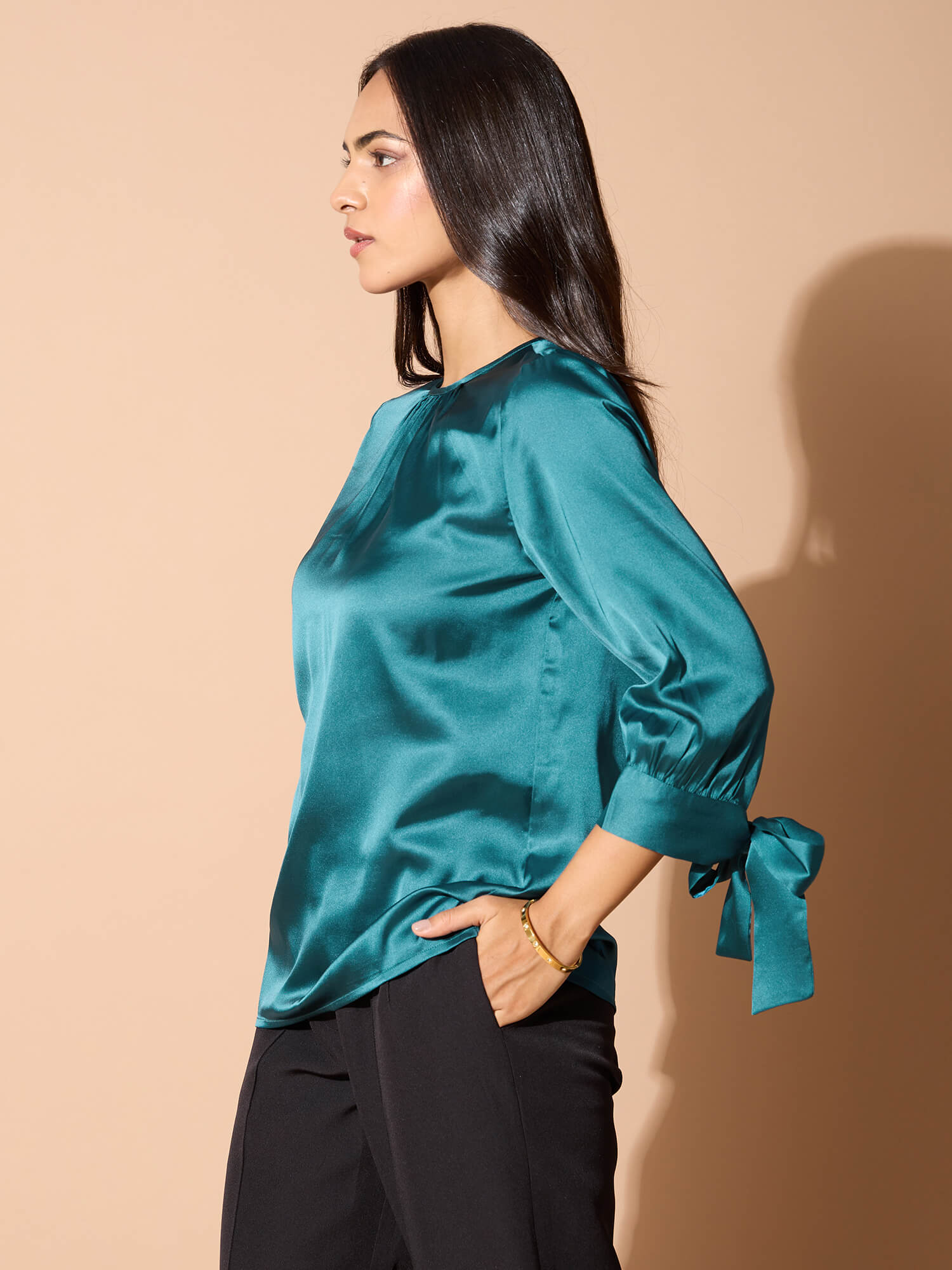 Mirael Tie up Sleeve Top-Teal