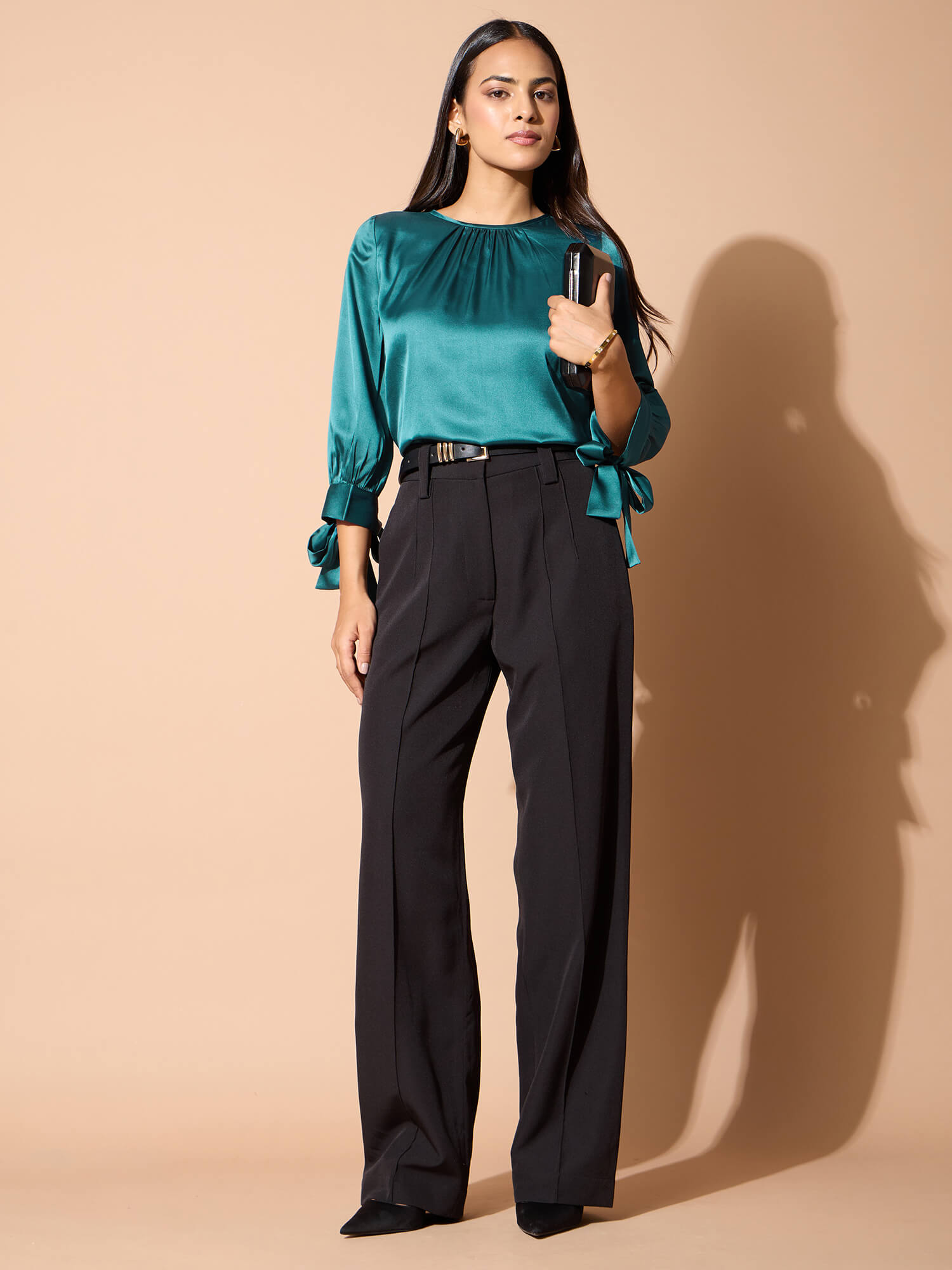 Mirael Tie up Sleeve Top-Teal