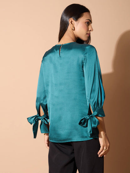 Mirael Tie up Sleeve Top-Teal