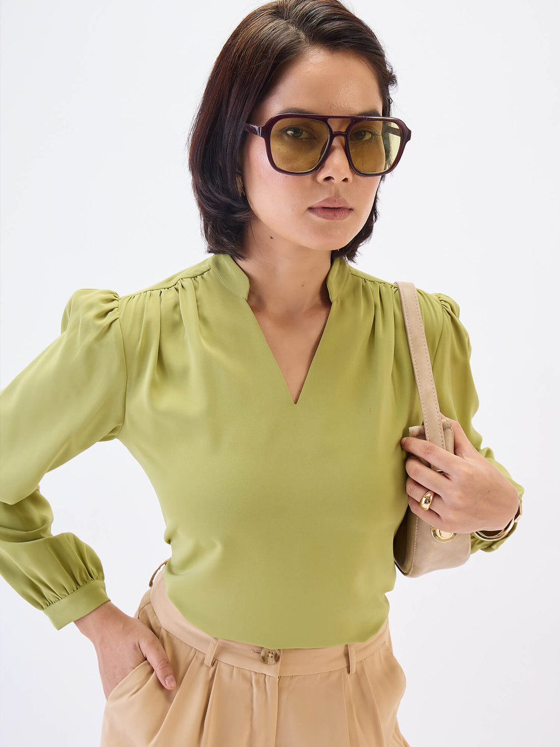 Astral Collared V-Neck Top-Lime Green