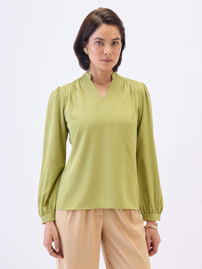 Astral Collared V-Neck Top-Lime Green