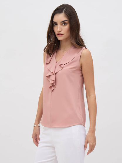 Jeyna Ruffled Neckline Sleeveless Top-Dusty Pink