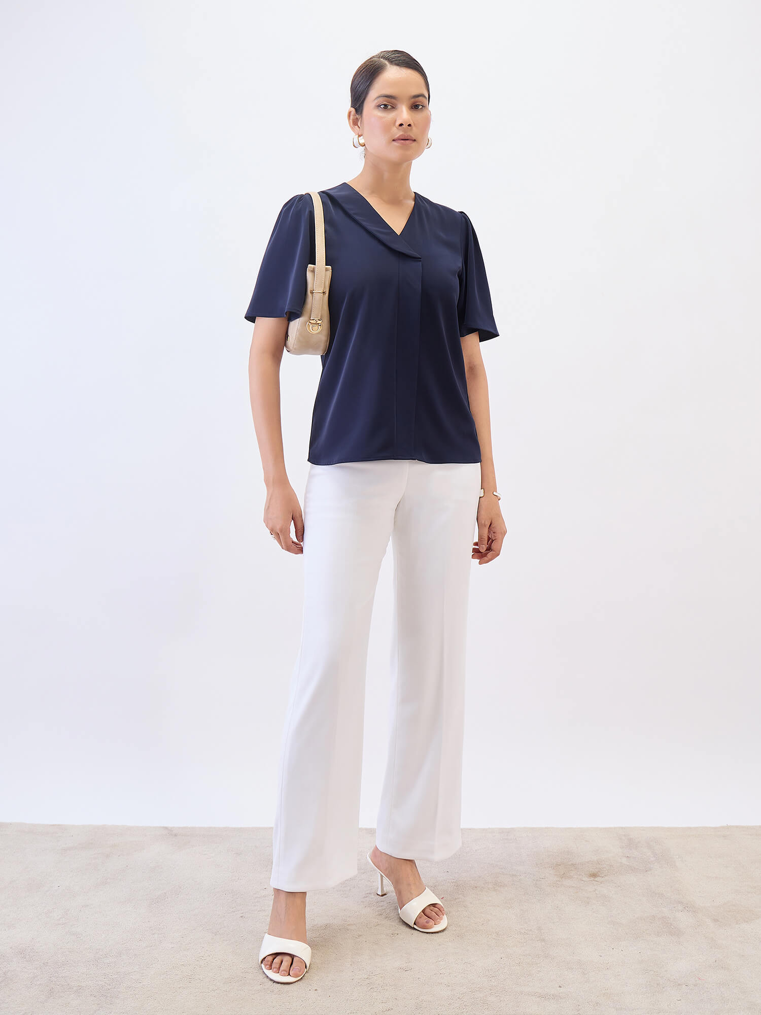 Cobble Asymmetric Collar Top-Navy - SALT Attire