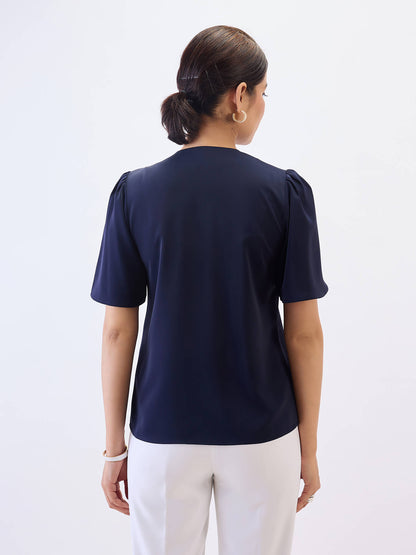 Cobble Asymmetric Collar Top-Navy