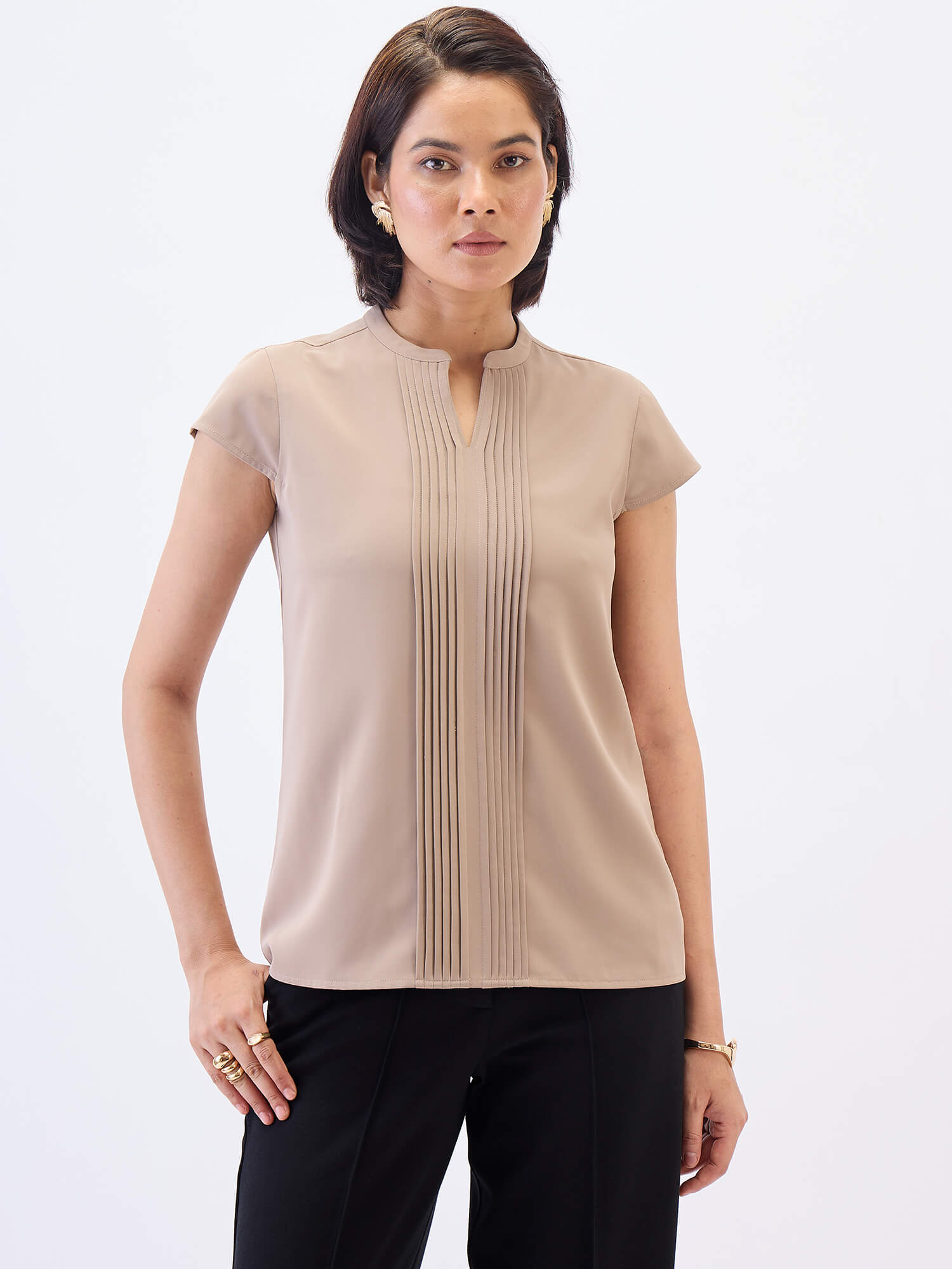 Helix Front Pintuck Detail Top-Beige