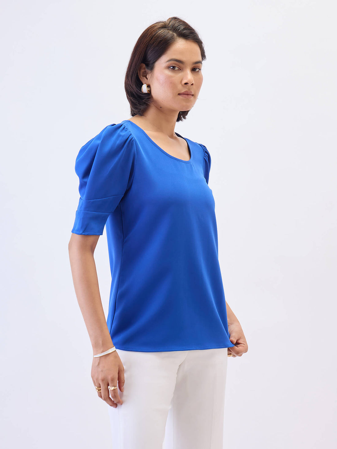 Jaunty Puffed Sleeves Top-Cobalt Blue
