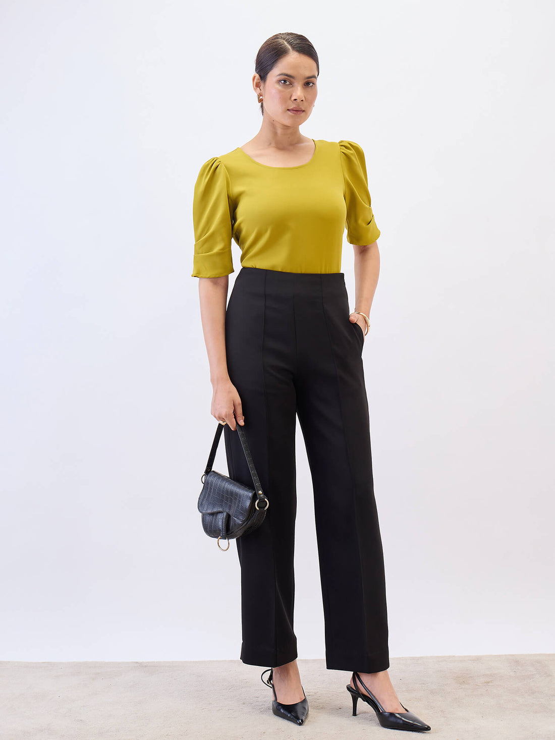 Jaunty Puffed Sleeves Top-Lime Punch