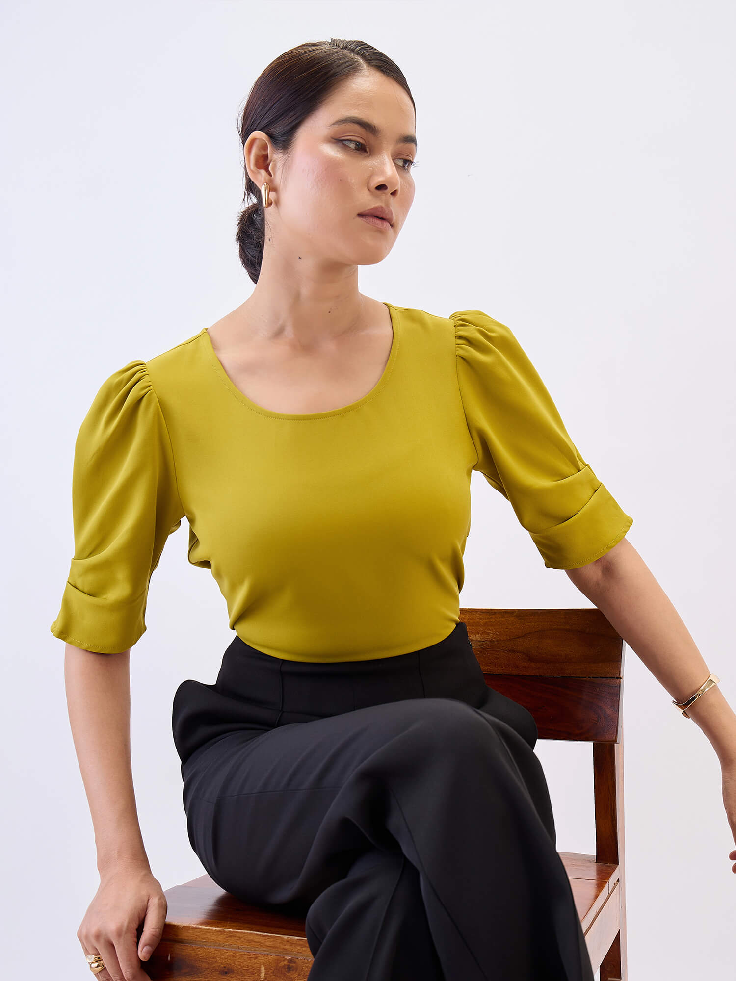 Jaunty Puffed Sleeves Top-Lime Punch