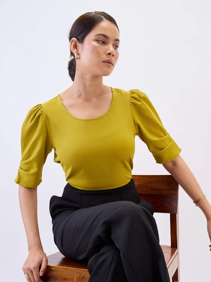 Jaunty Puffed Sleeves Top-Lime Punch