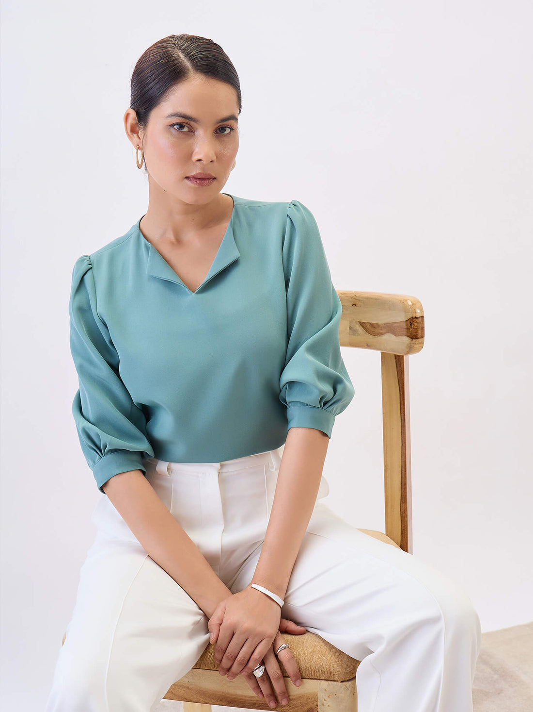 Iridium Puffed Sleeves Top-Sea Green