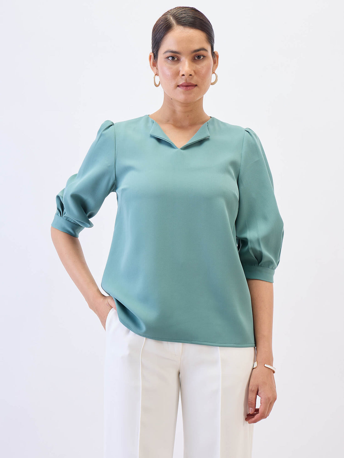 Iridium Puffed Sleeves Top-Sea Green