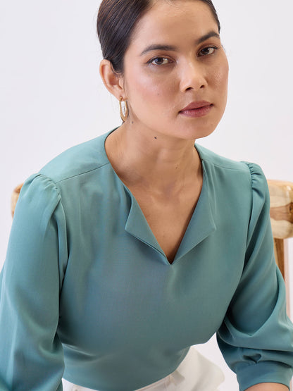 Iridium Puffed Sleeves Top-Sea Green