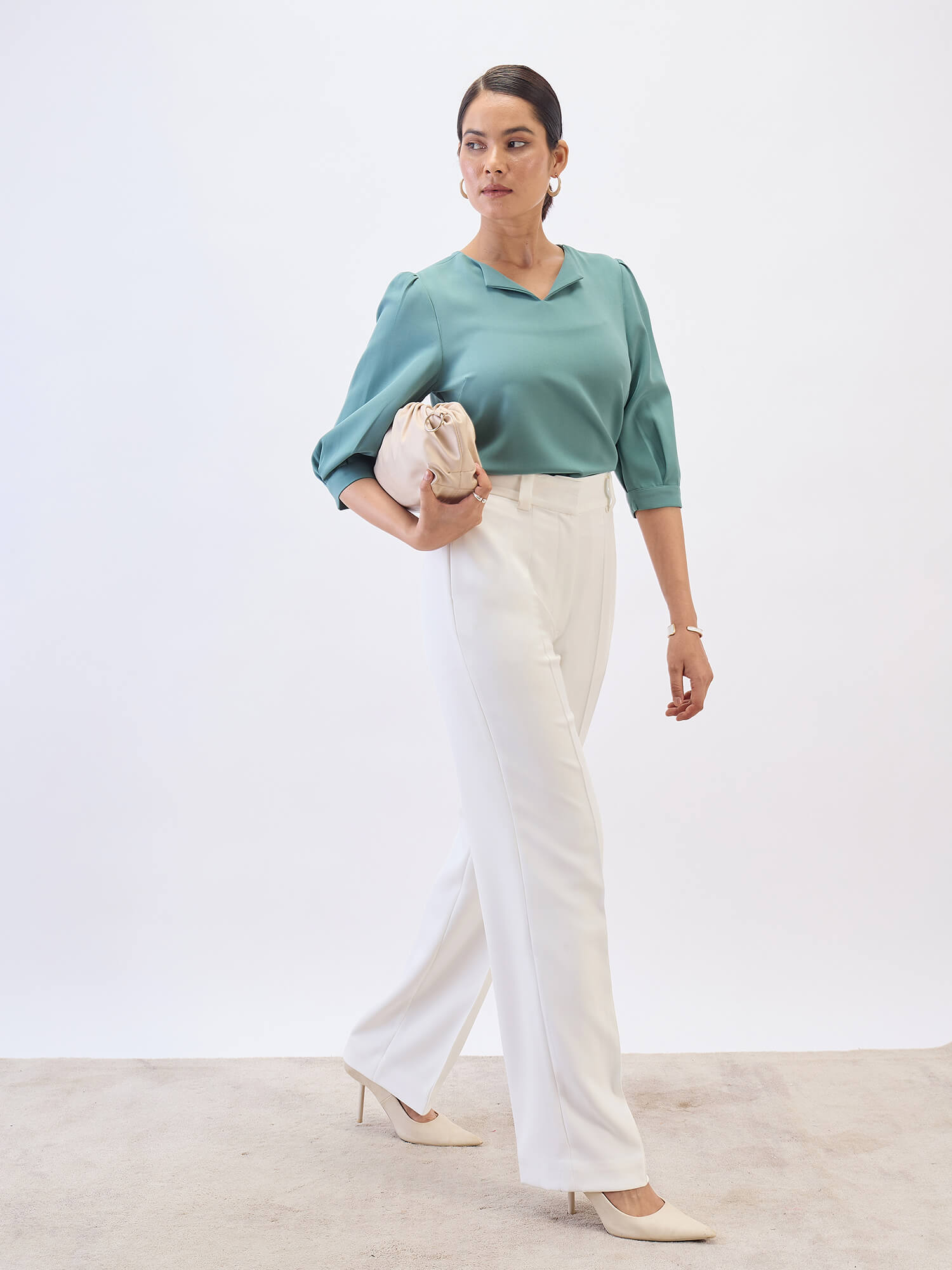 Iridium Puffed Sleeves Top-Sea Green