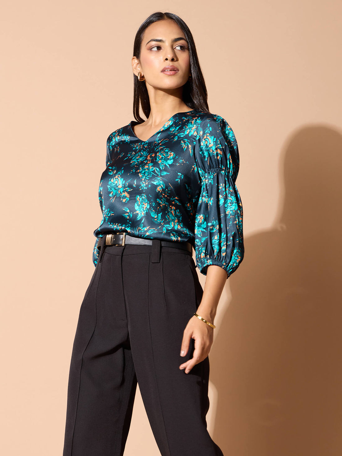 Velrosa Floral Gathered Sleeves Top-Multi