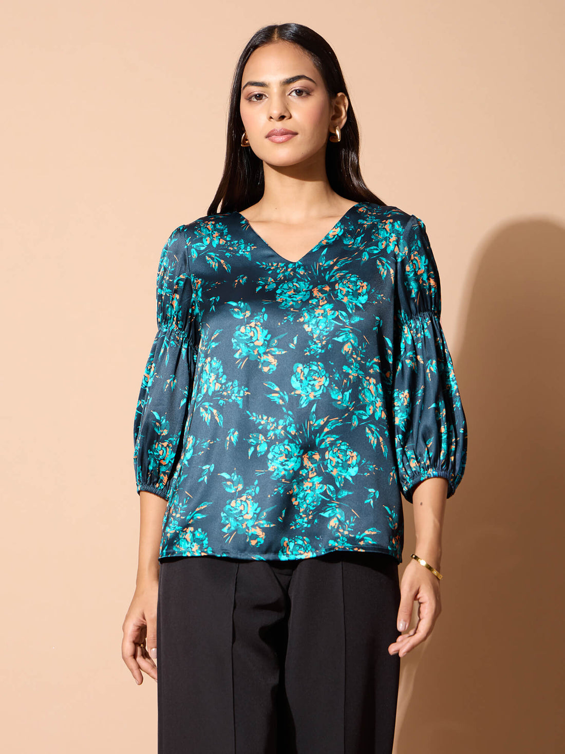 Velrosa Floral Gathered Sleeves Top-Multi
