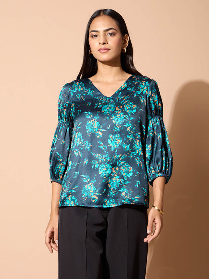 Velrosa Floral Gathered Sleeves Top-Multi