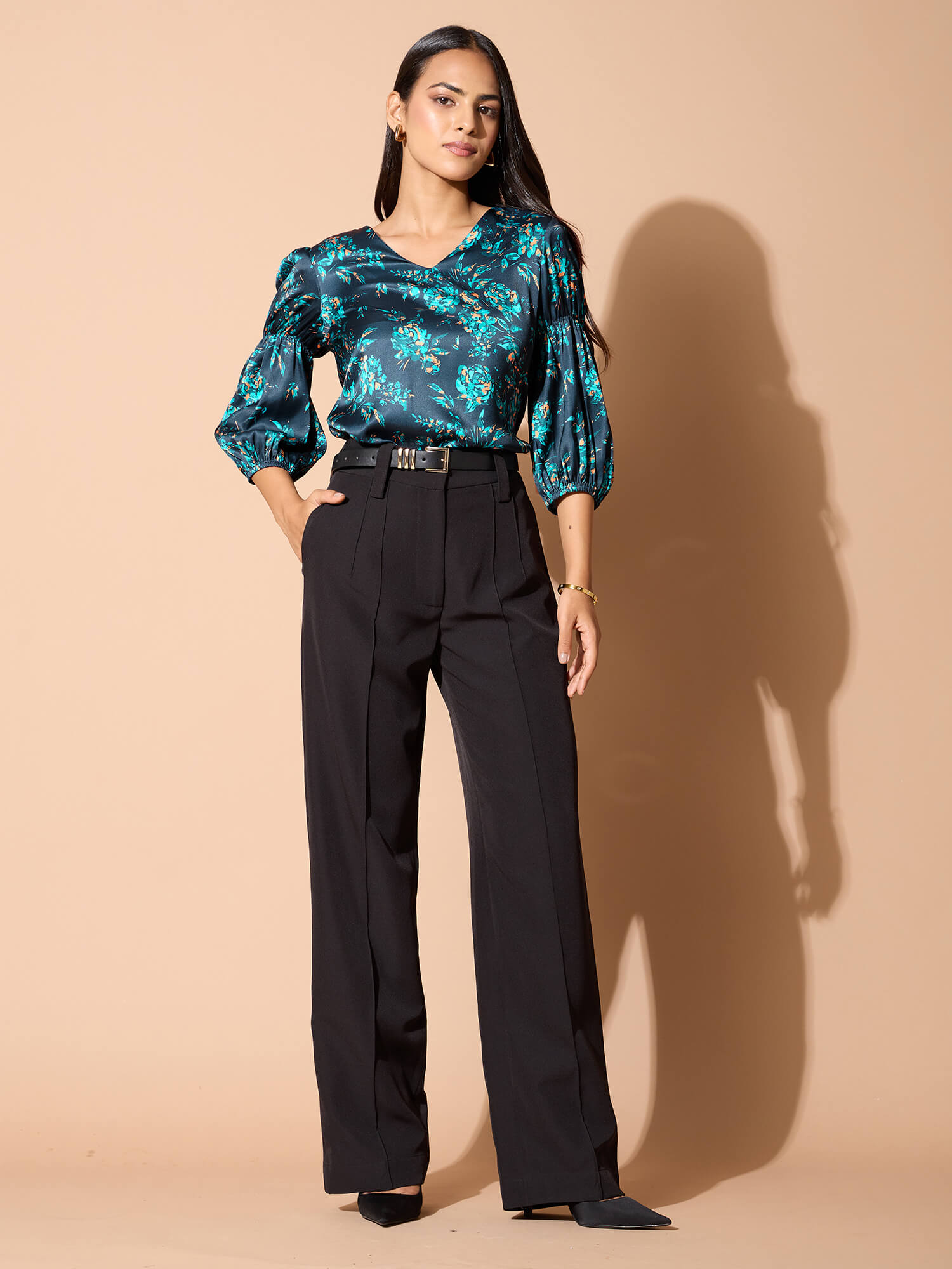 Velrosa Floral Gathered Sleeves Top-Multi