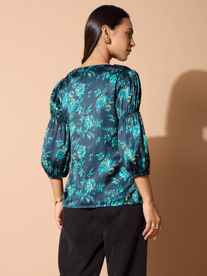 Velrosa Floral Gathered Sleeves Top-Multi