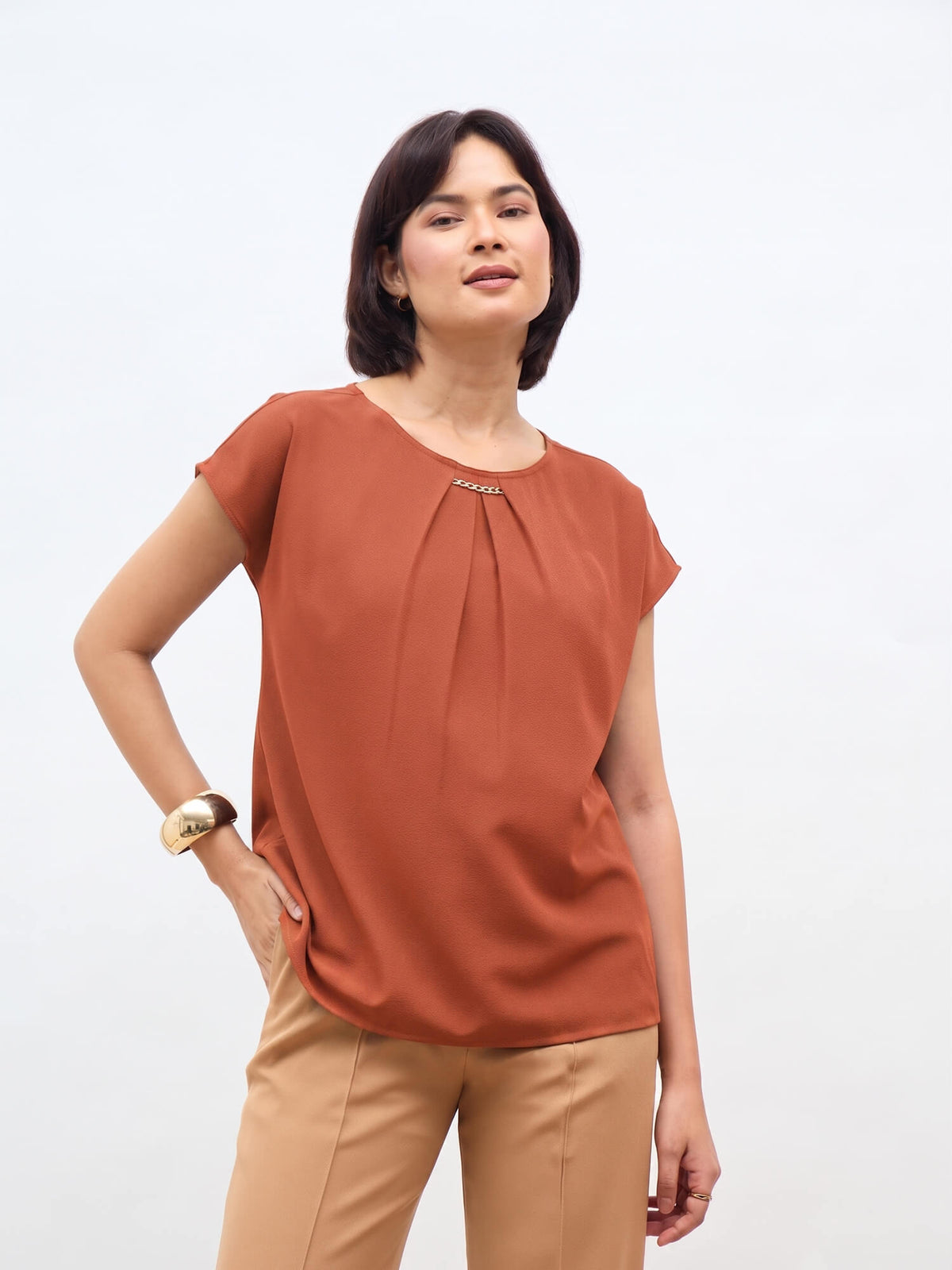 Jemma Centre Front Pleated Drop Shoulder Top-Burnt Orange