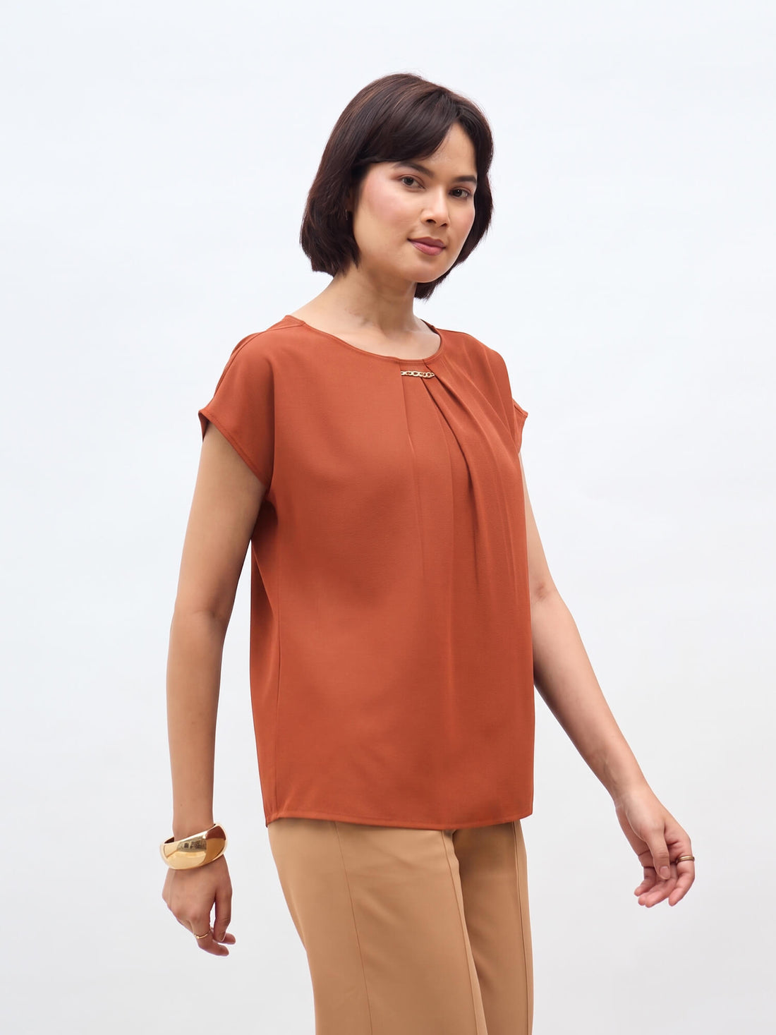 Jemma Centre Front Pleated Drop Shoulder Top-Burnt Orange