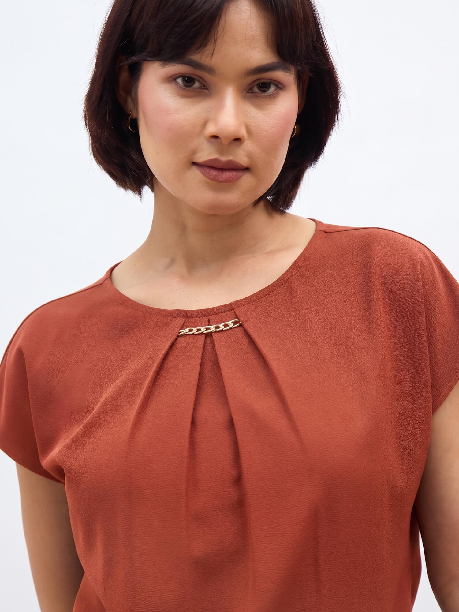 Jemma Centre Front Pleated Drop Shoulder Top-Burnt Orange