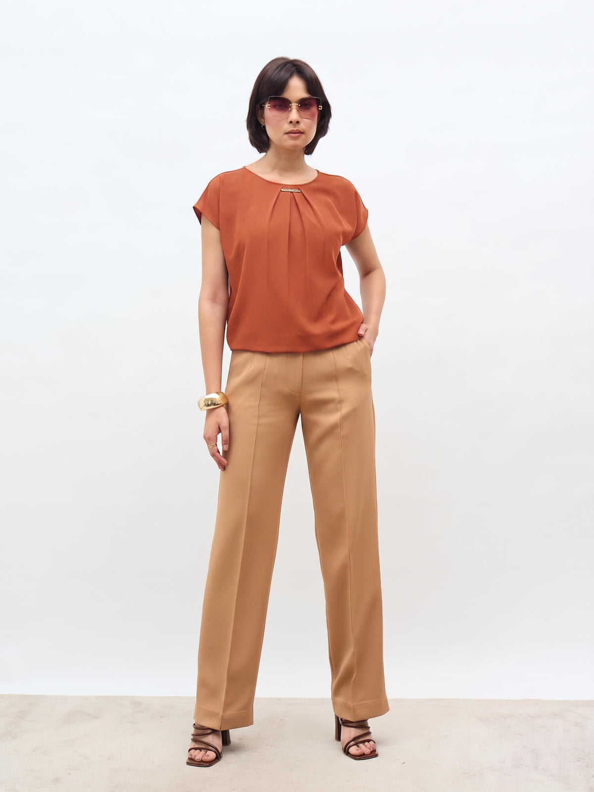 Jemma Centre Front Pleated Drop Shoulder Top-Burnt Orange