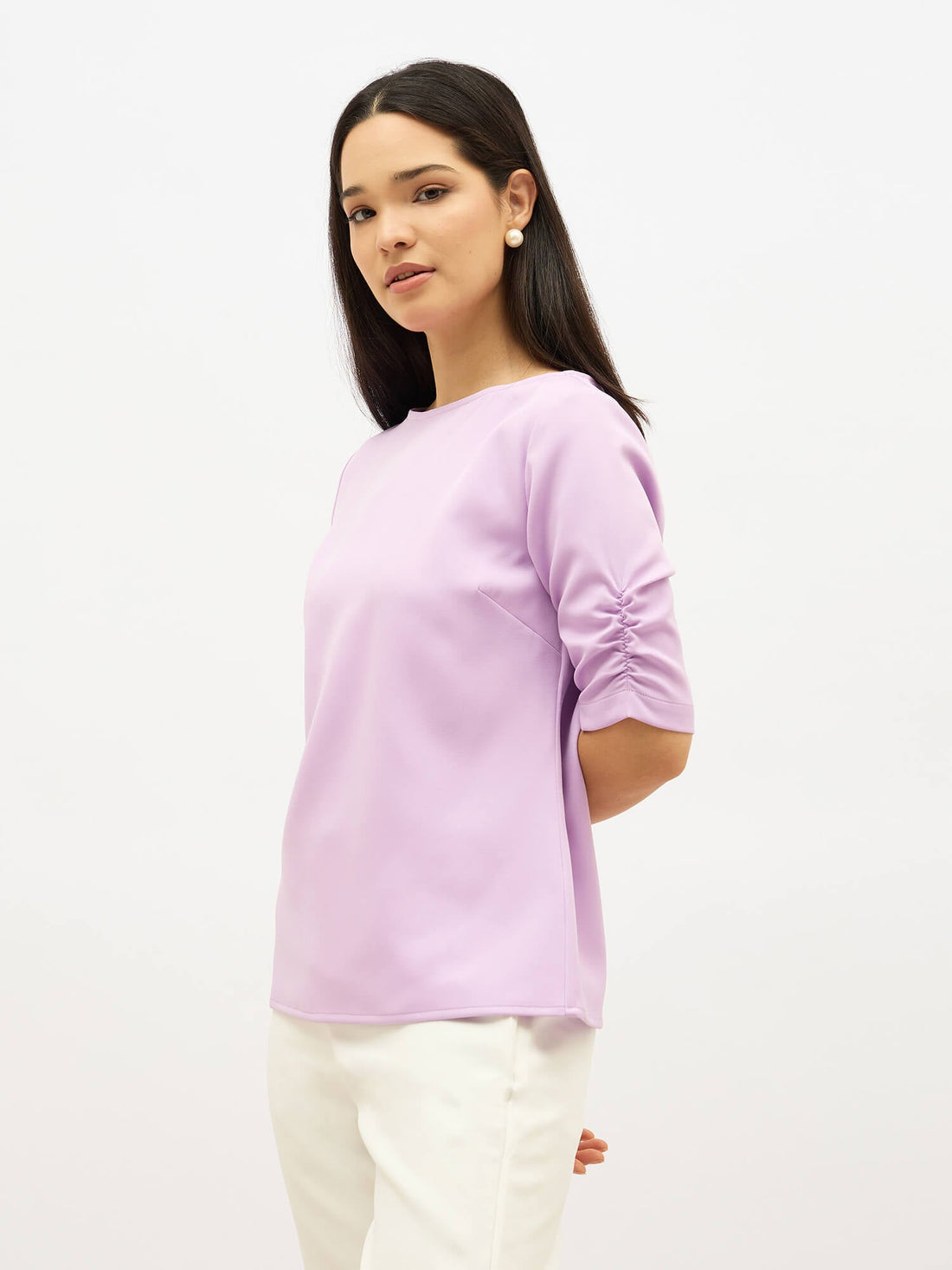 Mellow Ruched Sleeve Top-Lilac