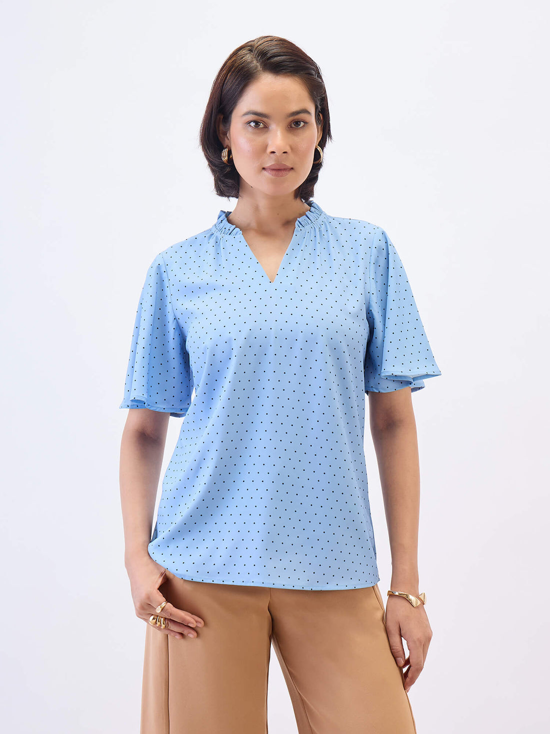 Josie Ruffled V-neck Top-Dusty Blue