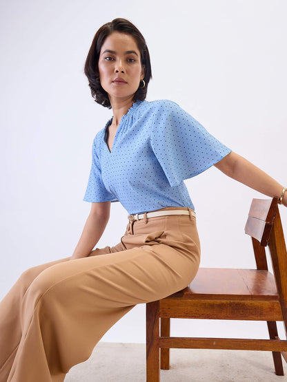 Josie Ruffled V-neck Top-Dusty Blue