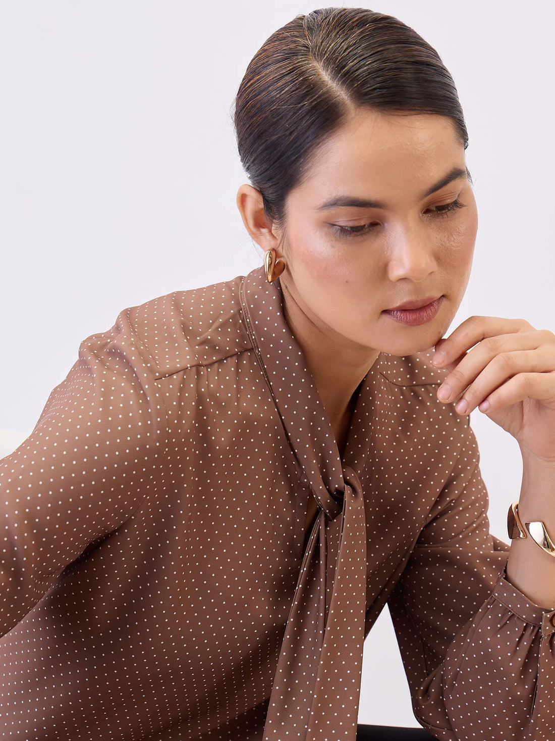 Polly Neck Tie Top-Brown