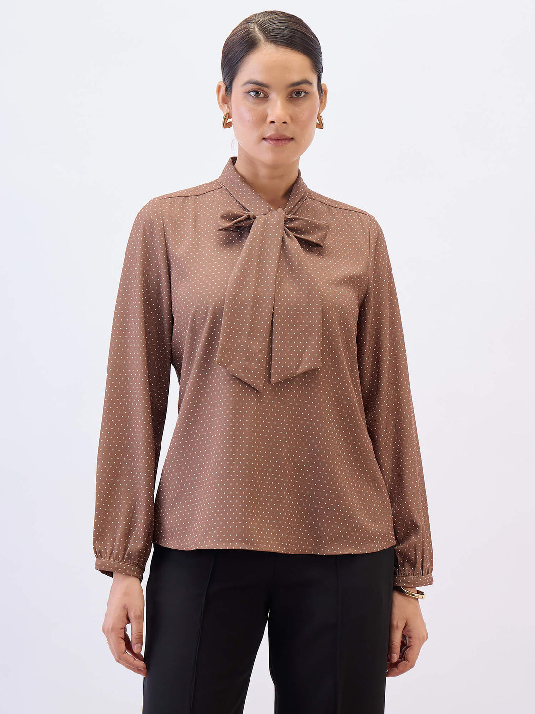 Polly Neck Tie Top-Brown