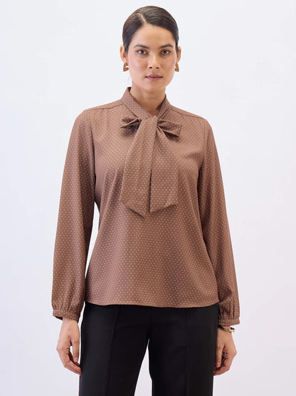 Polly Neck Tie Top-Brown