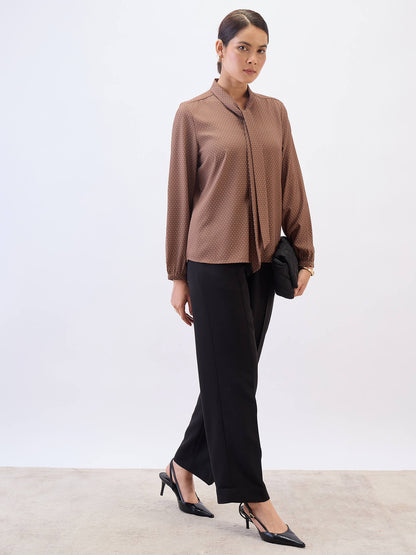 Polly Neck Tie Top-Brown