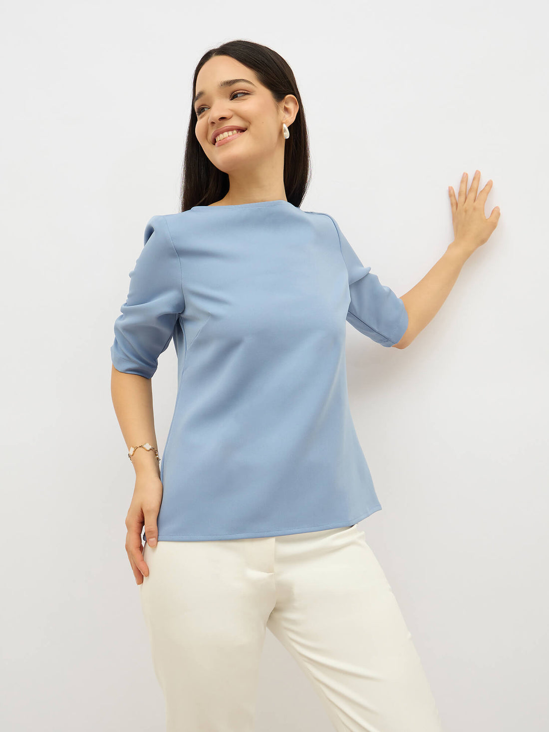 Mellow Ruched Sleeve Top-Dusty Blue