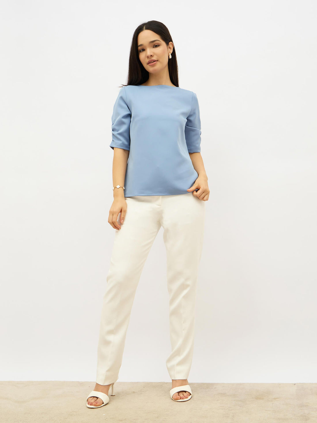 Mellow Ruched Sleeve Top-Dusty Blue