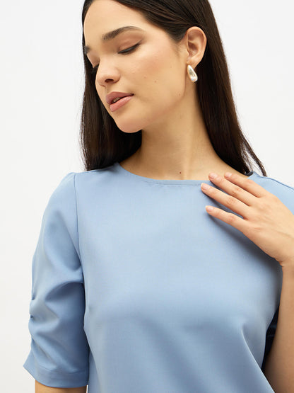 Mellow Ruched Sleeve Top-Dusty Blue