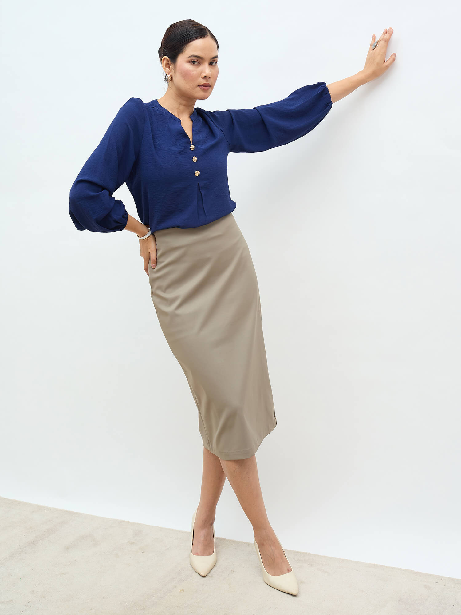 Nory Metallic Button Top-Navy
