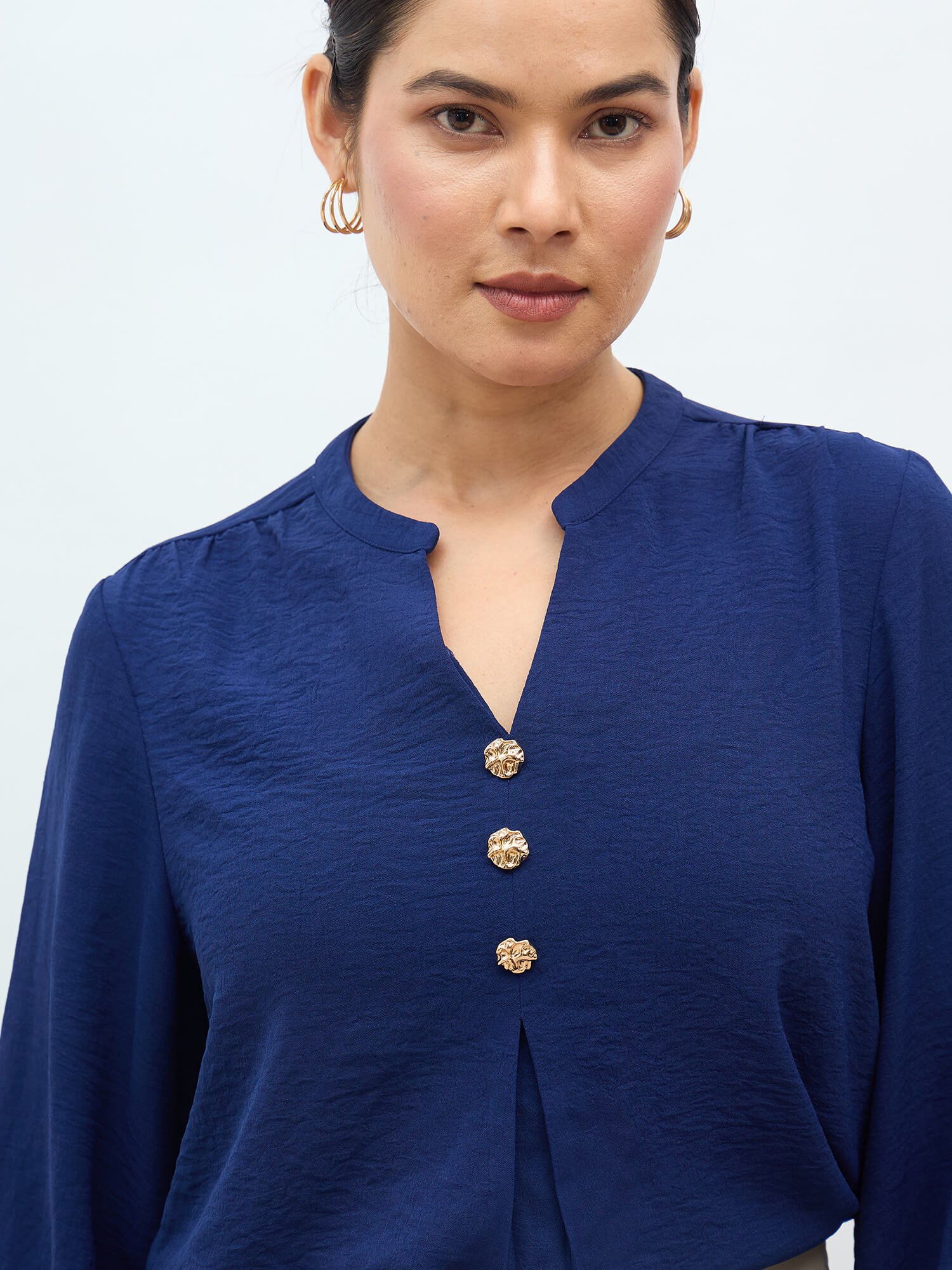 Nory Metallic Button Top-Navy