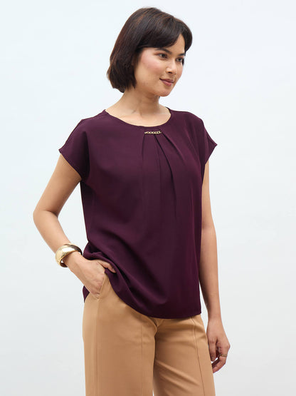 Jemma Centre Front Pleated Drop Shoulder Top-Wine