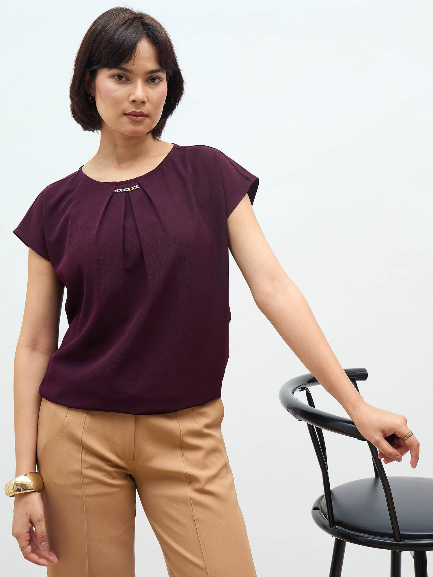 Jemma Centre Front Pleated Drop Shoulder Top-Wine