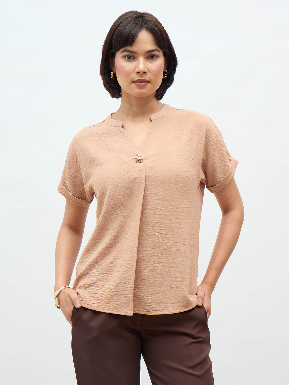Sandra Drop Shoulder Top-Beige